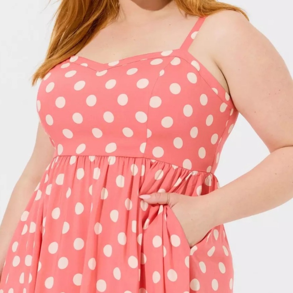 NWT Torrid Midi Challis Sweetheart Midi Dress— Pink & White Polka Dot Print - Picture 2 of 7